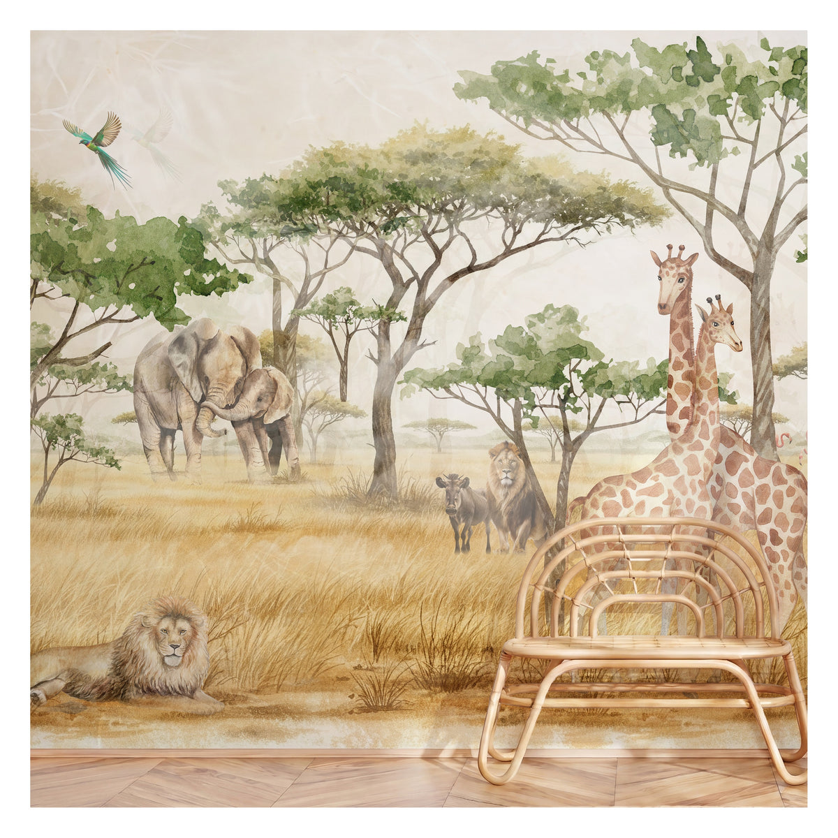 Acacia Trees & Safari Landscape wallpaper in a styled room, view 3