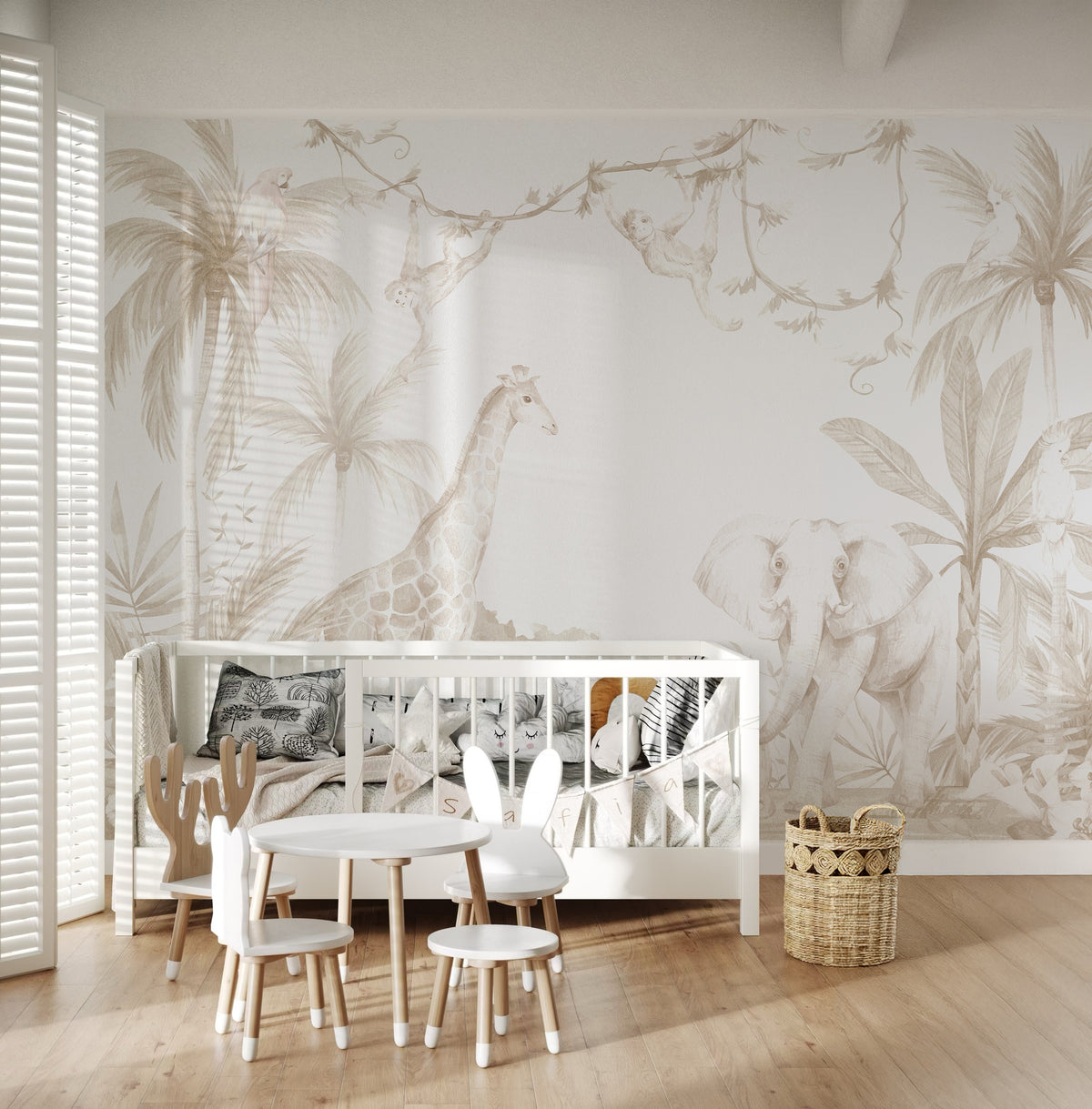 Soft Beige Palms & Safari Animals wallpaper in a styled room, view 1