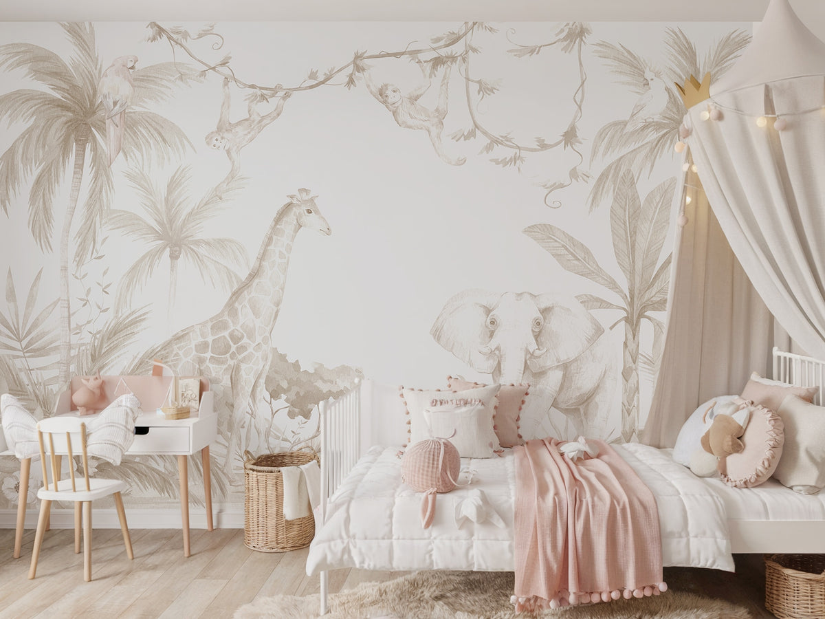 Soft Beige Palms & Safari Animals wallpaper in a styled room, view 2