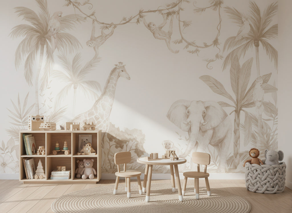 Soft Beige Palms & Safari Animals wallpaper in a styled room, view 3