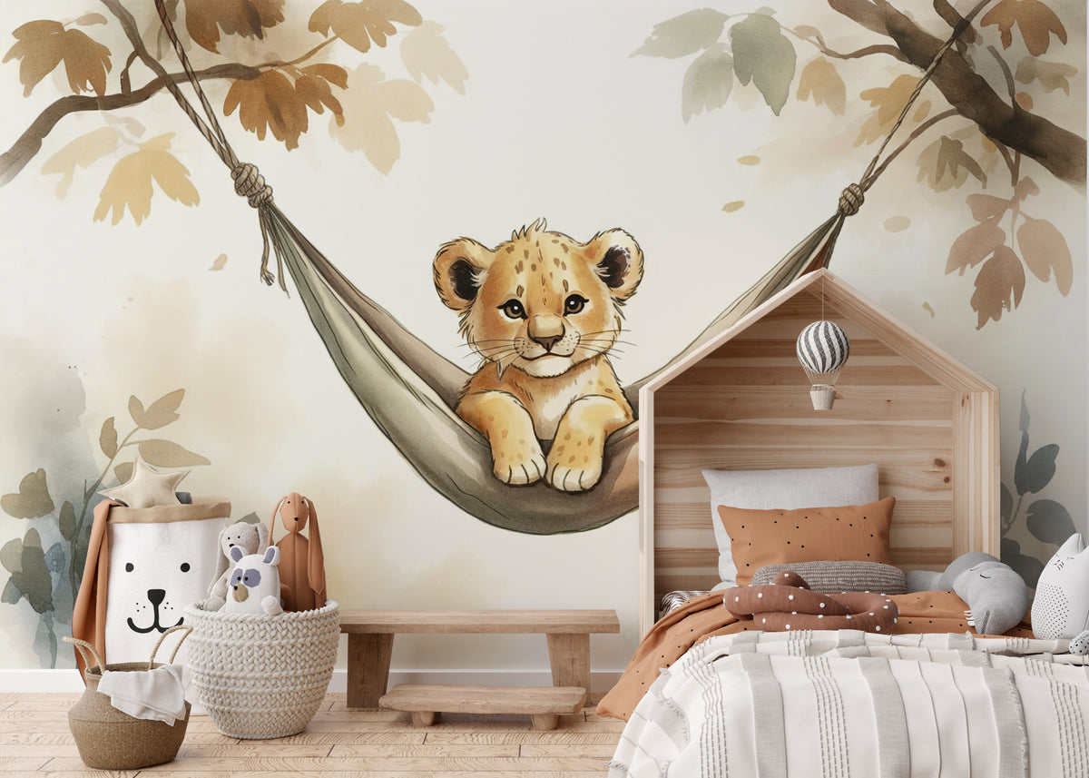 Little Lion in a Hammock wallpaper in a styled room, view 1