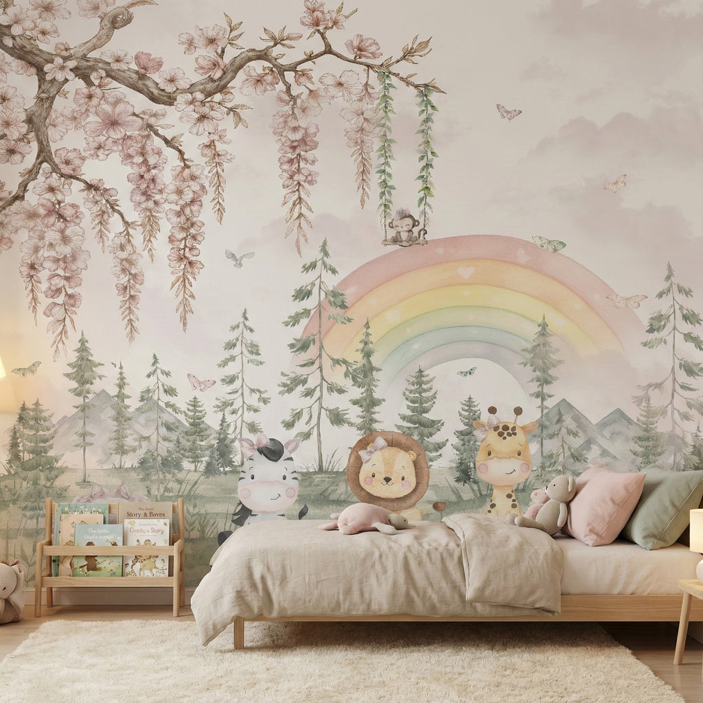 Pastel Rainbow Safari Friends wallpaper in a styled room, view 2