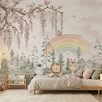 Pastel Rainbow Safari Friends wallpaper in a styled room, view 2