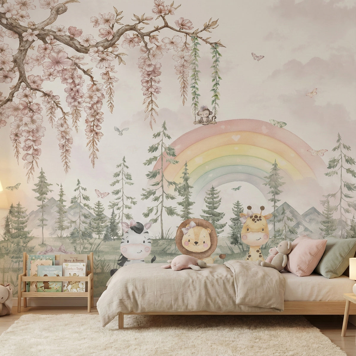 Pastel Rainbow Safari Friends wallpaper in a styled room, view 2