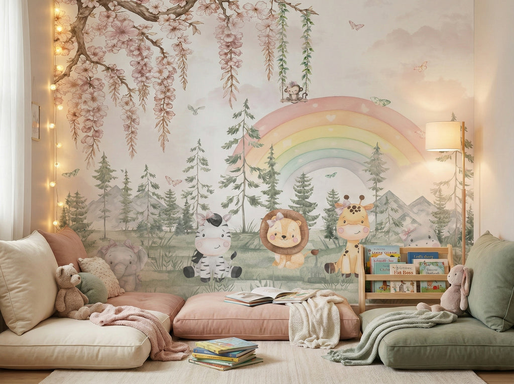 Pastel Rainbow Safari Friends wallpaper in a styled room, view 3