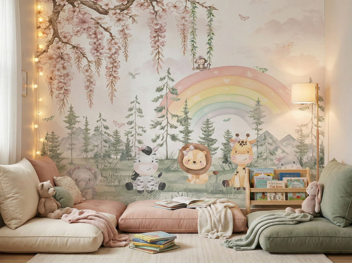 Pastel Rainbow Safari Friends wallpaper in a styled room, view 3