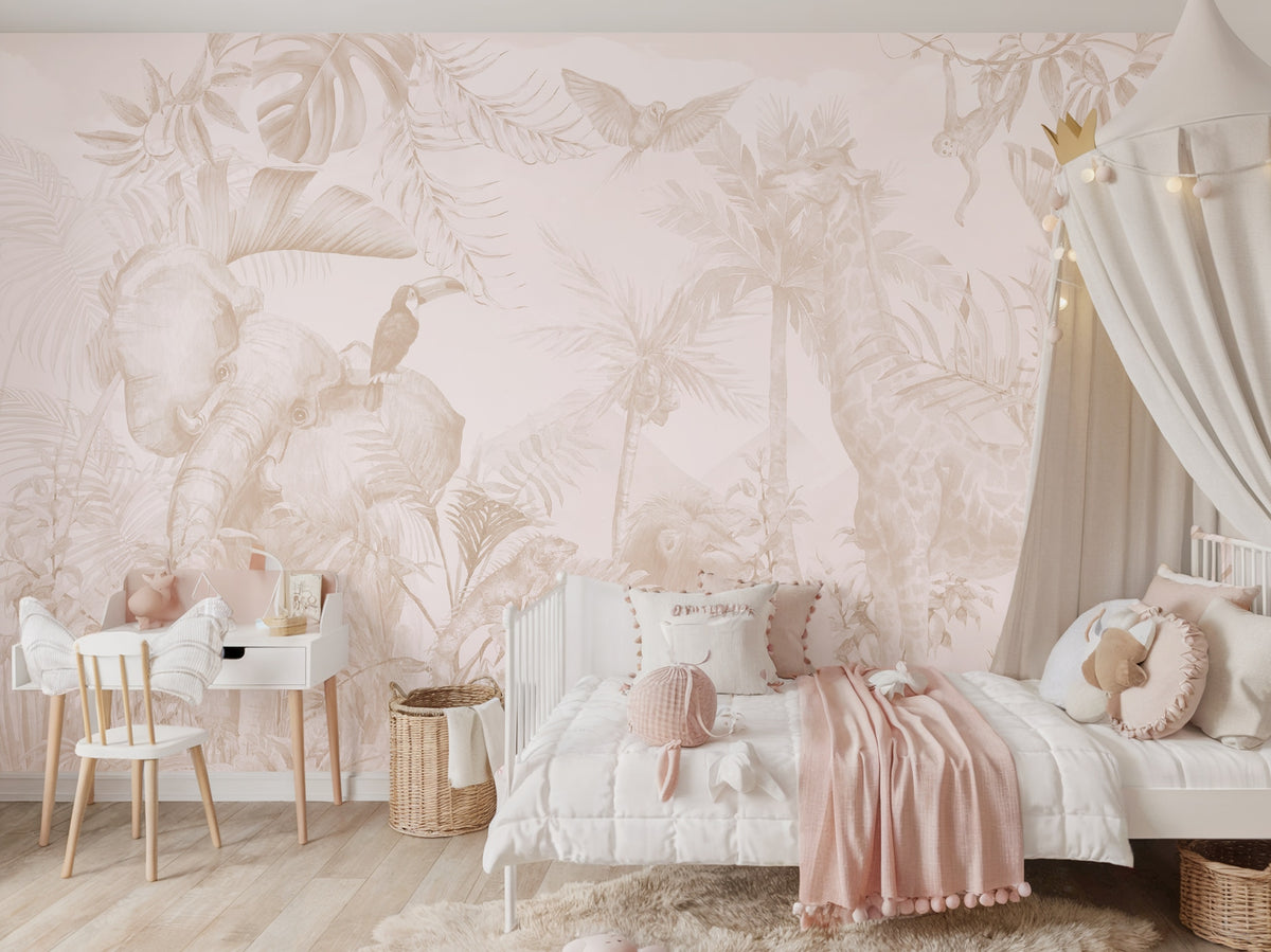 Blush Beige Safari & Tropical Leaves wallpaper in a styled room, view 1
