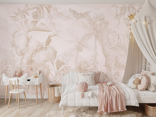 Blush Beige Safari & Tropical Leaves wallpaper in a styled room, view 1