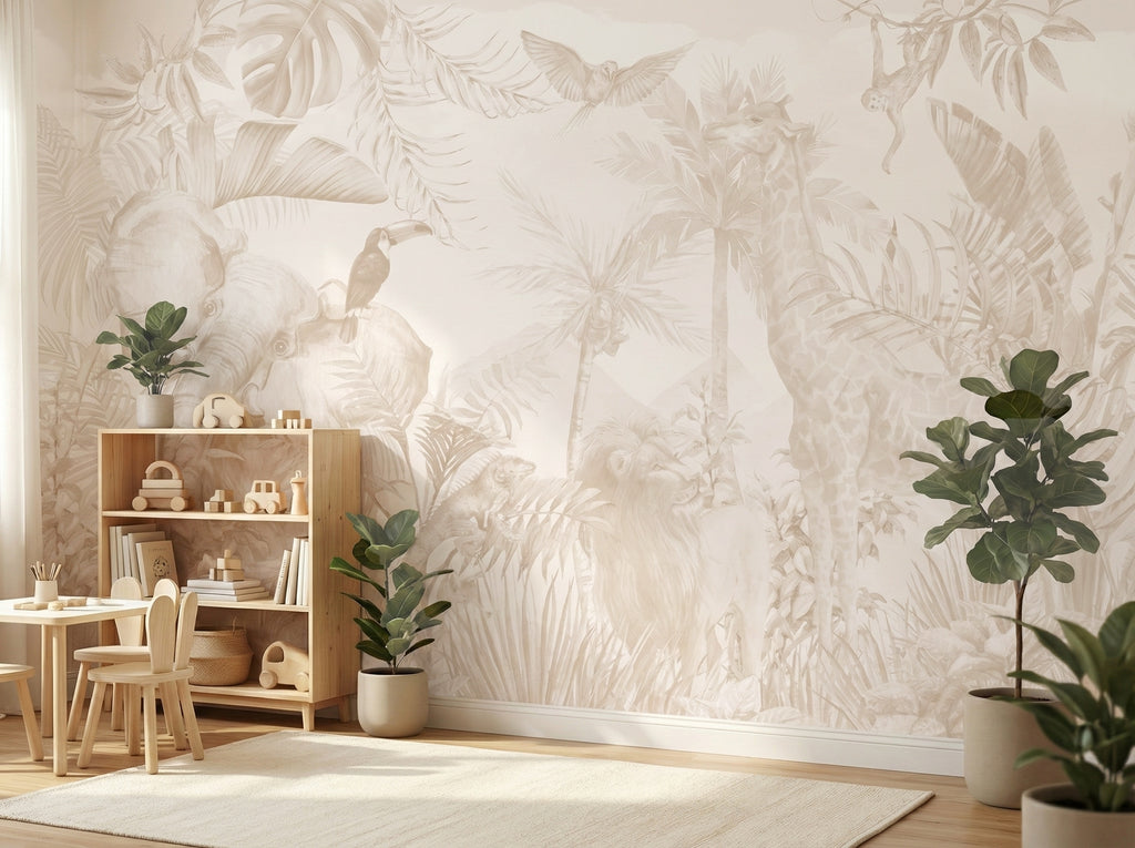 Blush Beige Safari & Tropical Leaves wallpaper in a styled room, view 2