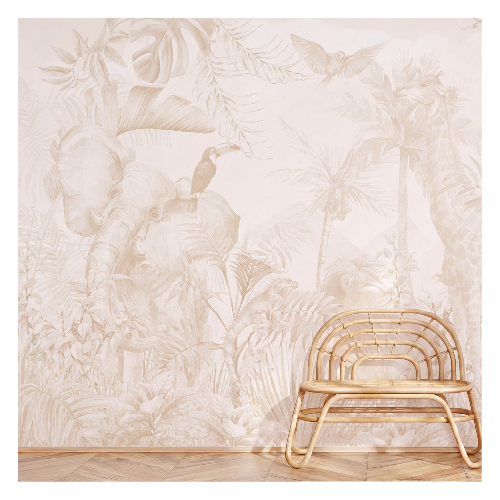 Blush Beige Safari & Tropical Leaves wallpaper in a styled room, view 3