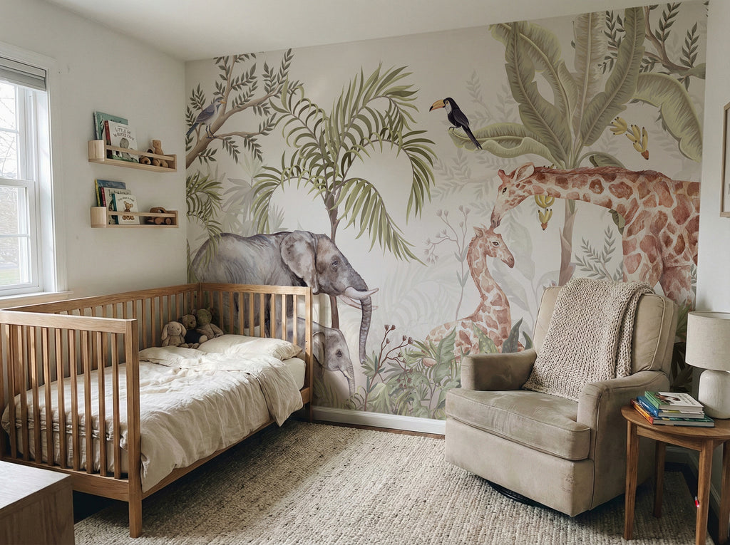 Elephant, Giraffe & Tropical Trees wallpaper in a styled room, view 1