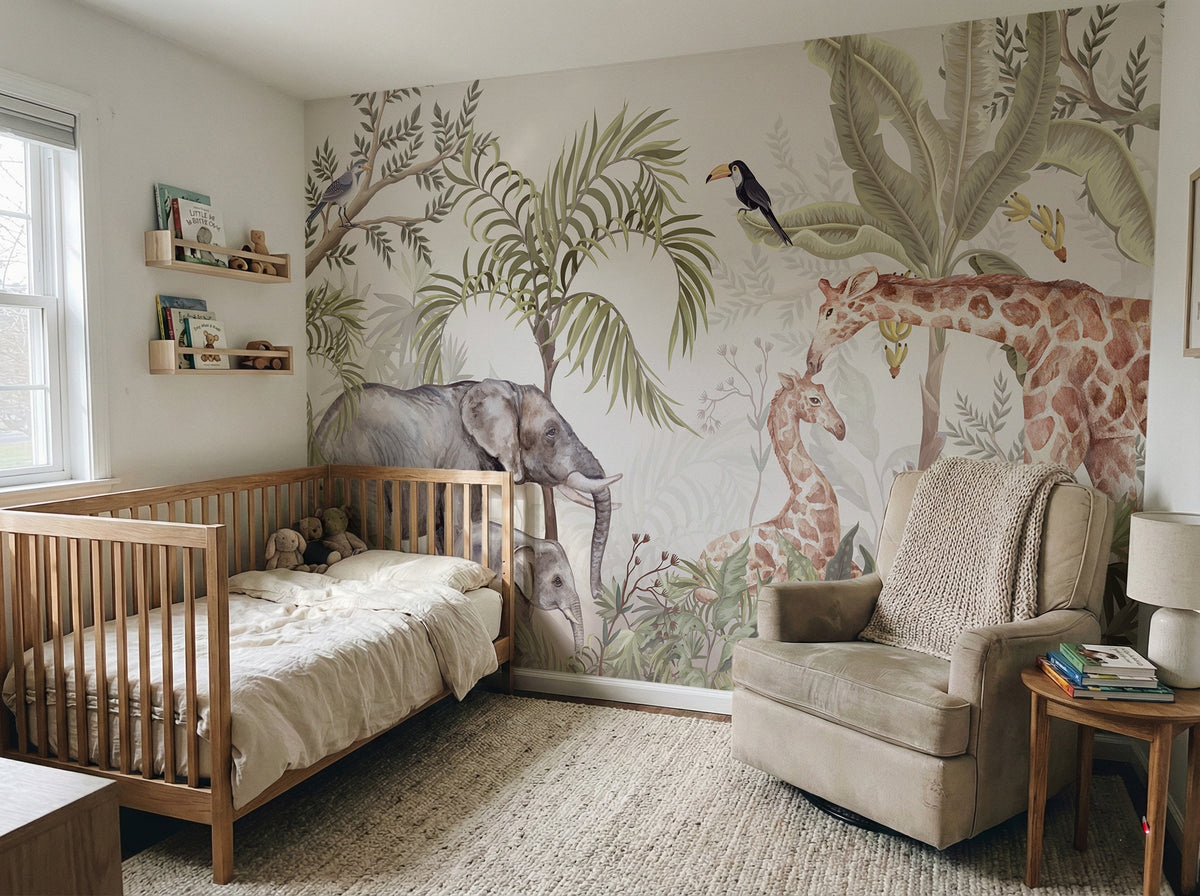 Elephant, Giraffe & Tropical Trees wallpaper in a styled room, view 1