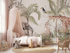 Elephant, Giraffe & Tropical Trees wallpaper in a styled room, view 2