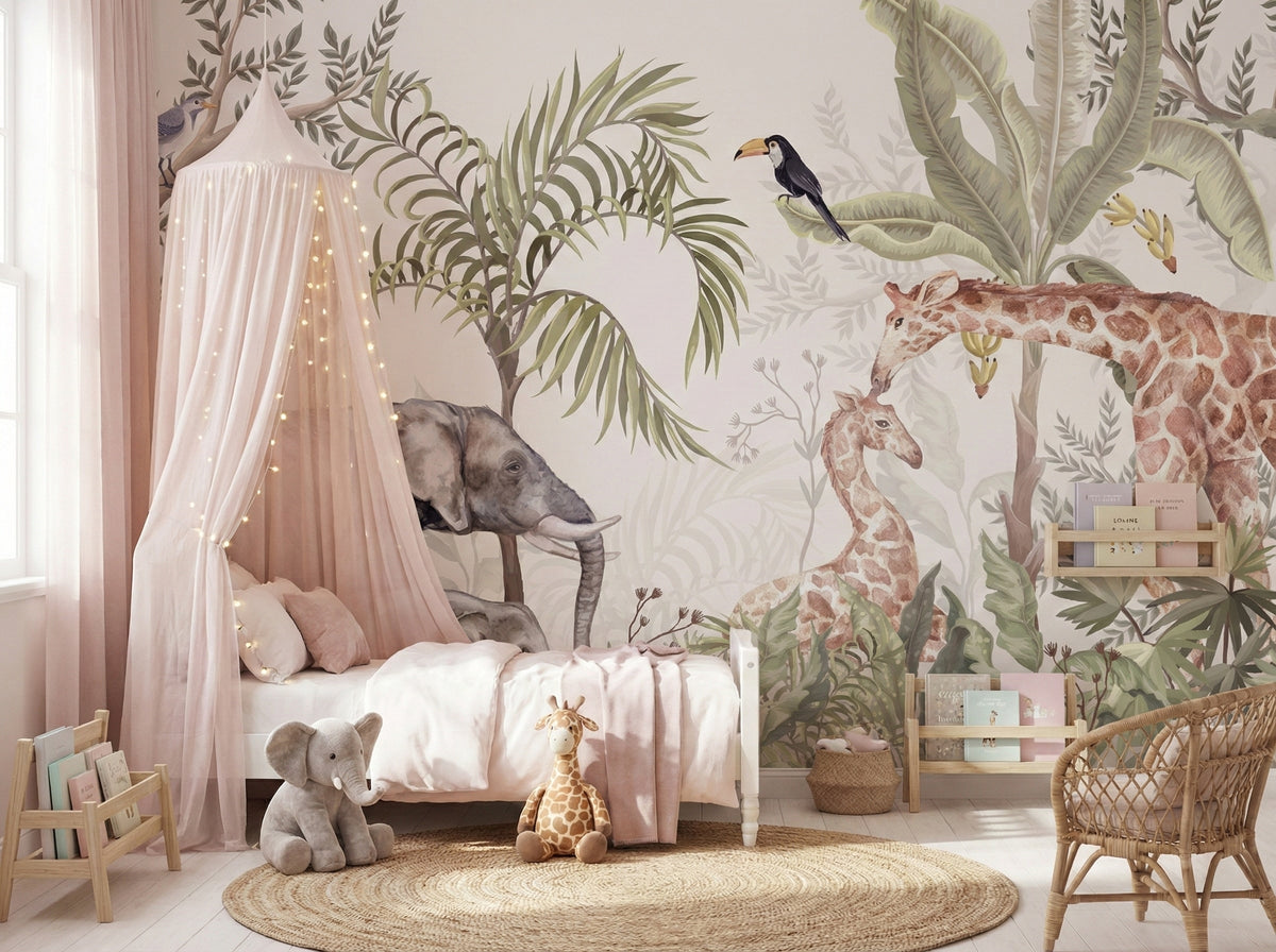 Elephant, Giraffe & Tropical Trees wallpaper in a styled room, view 2