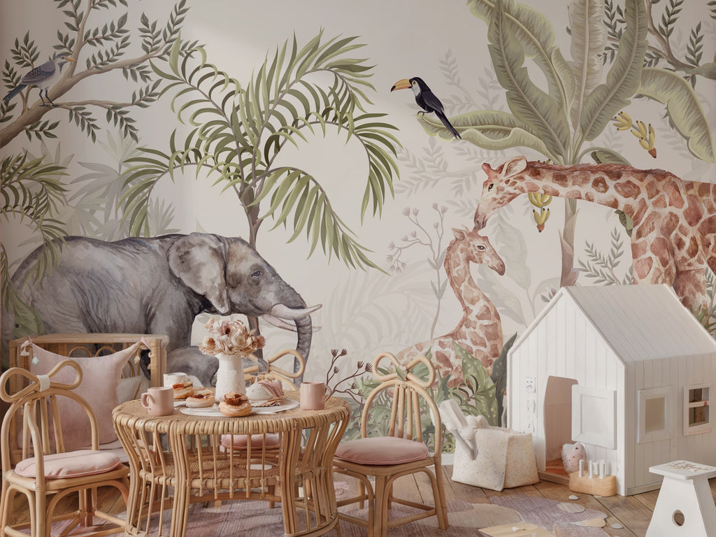 Elephant, Giraffe & Tropical Trees wallpaper in a styled room, view 3