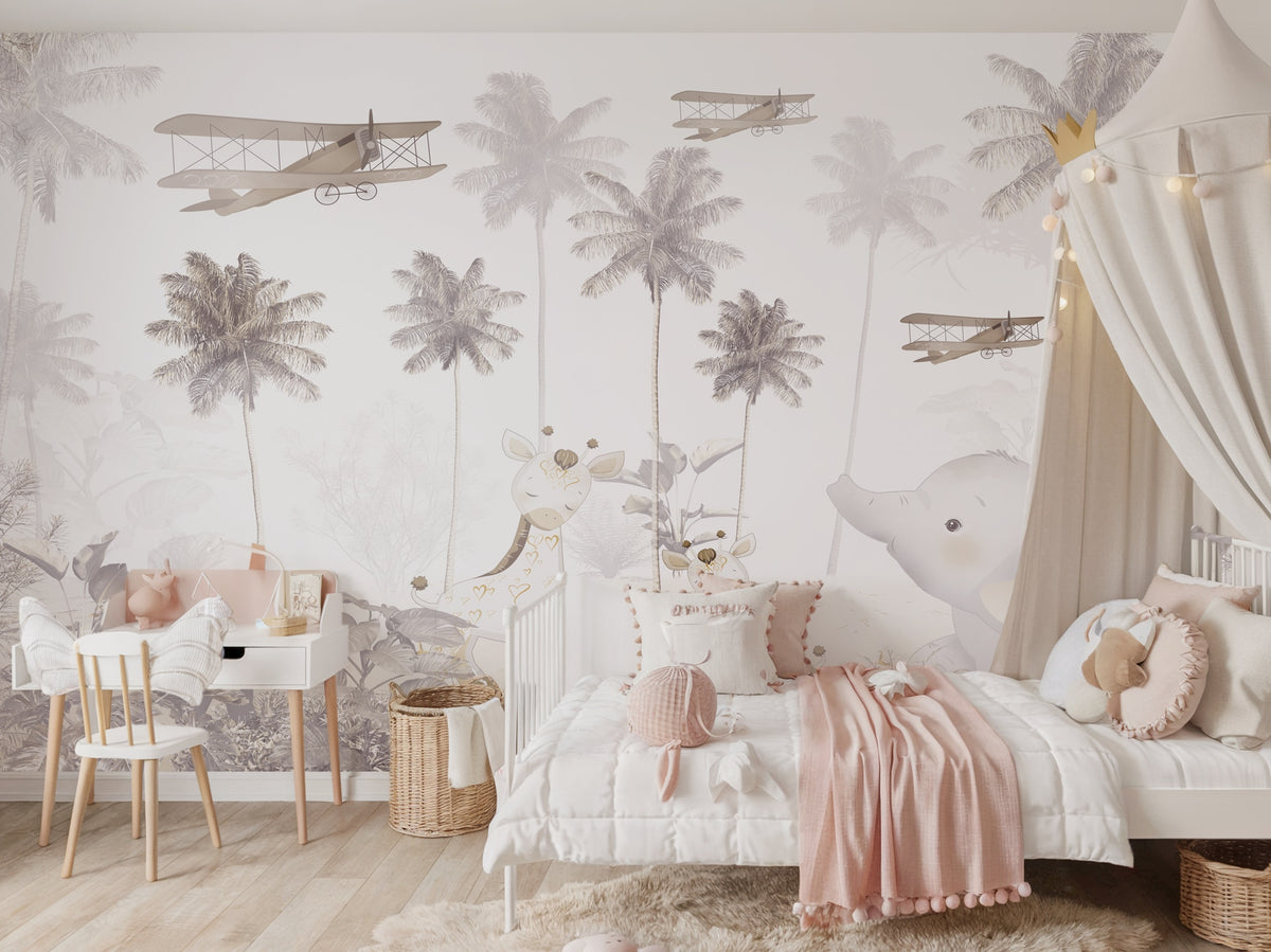 Pastel Safari & Vintage Airplanes Wall Mural in a styled room