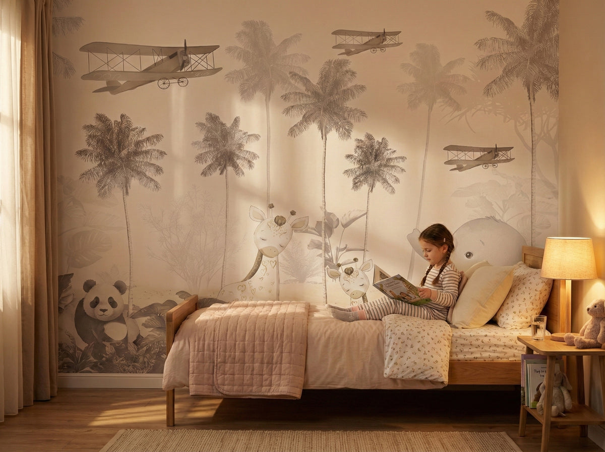Pastel Safari & Vintage Airplanes wallpaper in a styled room, view 2