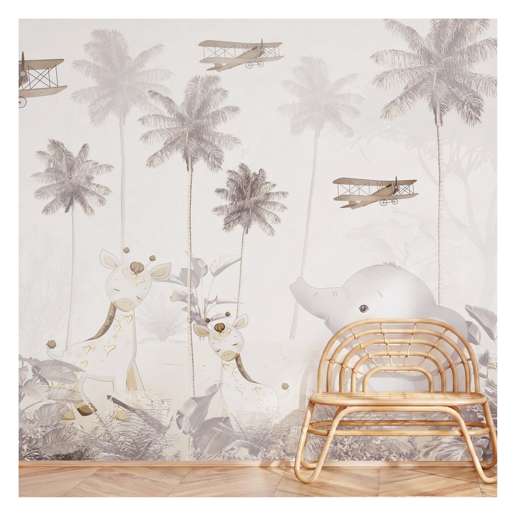 Pastel Safari & Vintage Airplanes wallpaper in a styled room, view 3