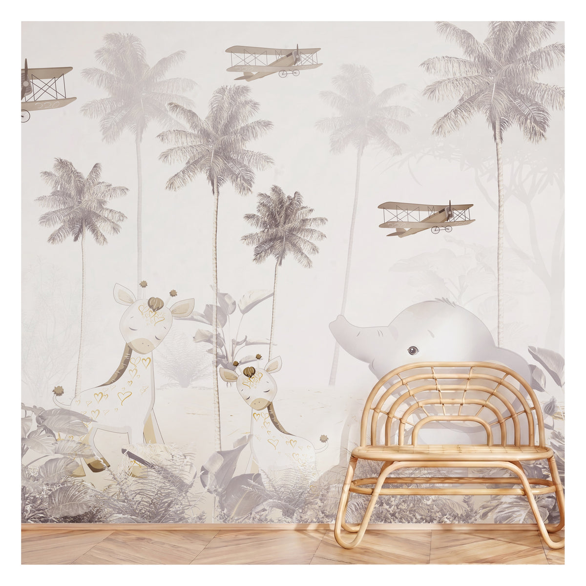 Pastel Safari & Vintage Airplanes wallpaper in a styled room, view 3