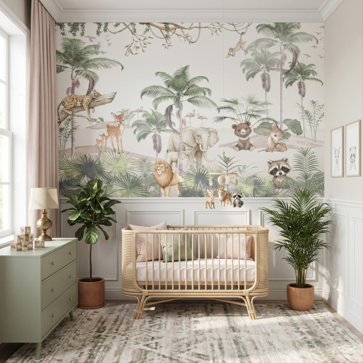 Green Palms & Safari Friends wallpaper in a styled room, view 1