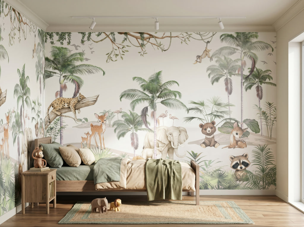 Green Palms & Safari Friends wallpaper in a styled room, view 2