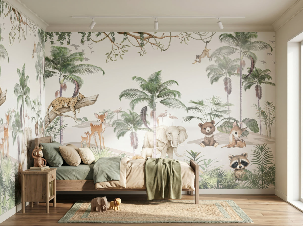 Green Palms & Safari Friends wallpaper in a styled room, view 2