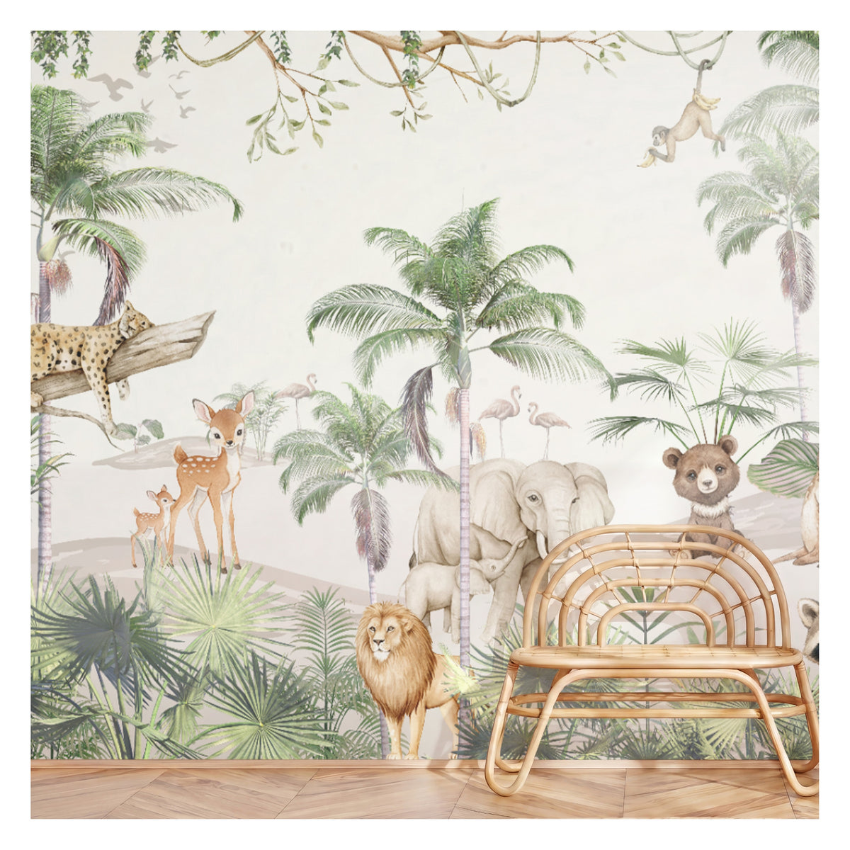 Green Palms & Safari Friends wallpaper in a styled room, view 3