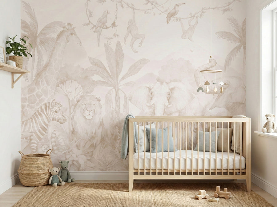 Soft Beige Elephant, Lion & Zebra Wall Mural