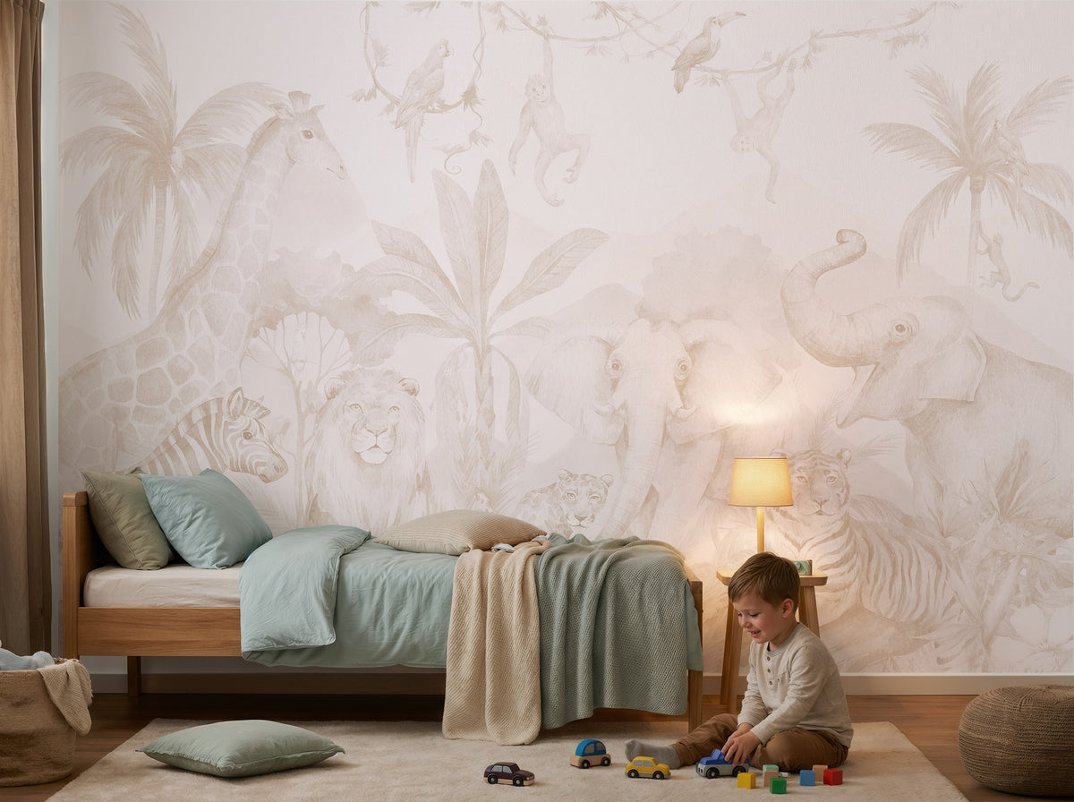 Soft Beige Elephant, Lion & Zebra wallpaper in a styled room, view 2