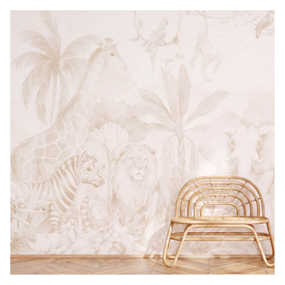 Soft Beige Elephant, Lion & Zebra wallpaper in a styled room, view 3
