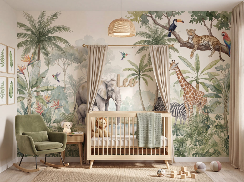 Watercolor Jungle Safari & Leopard wallpaper in a styled room, view 1