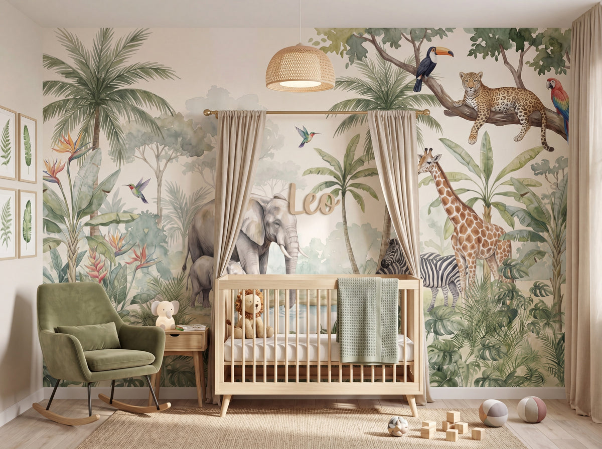 Watercolor Jungle Safari & Leopard wallpaper in a styled room, view 1