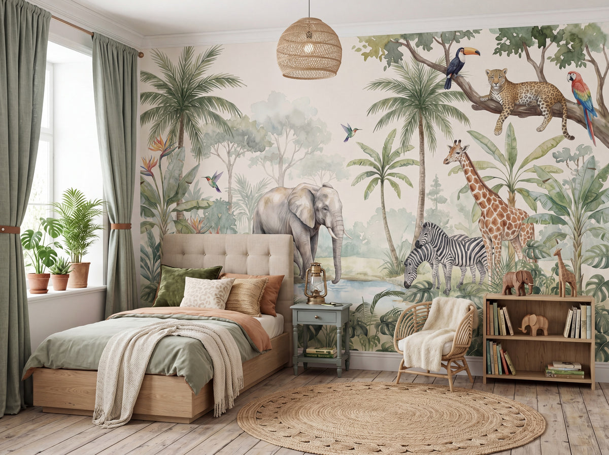 Watercolor Jungle Safari & Leopard wallpaper in a styled room, view 2