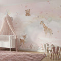 Pink Cloud Safari & Balloons wallpaper in a styled room, view 1