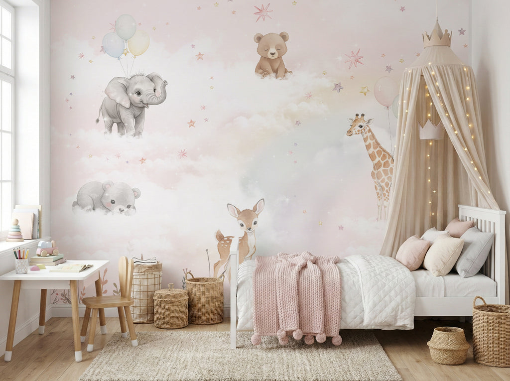 Pink Cloud Safari & Balloons wallpaper in a styled room, view 2