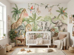 Tropical Safari, Elephant & Parrot wallpaper in a styled room, view 1