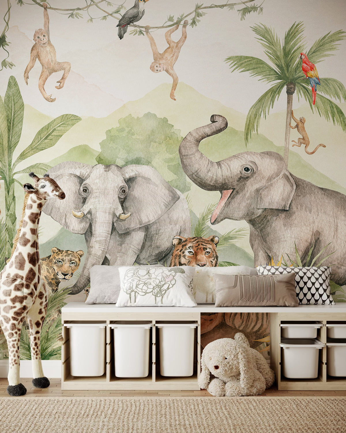Tropical Safari, Elephant & Parrot wallpaper in a styled room, view 2