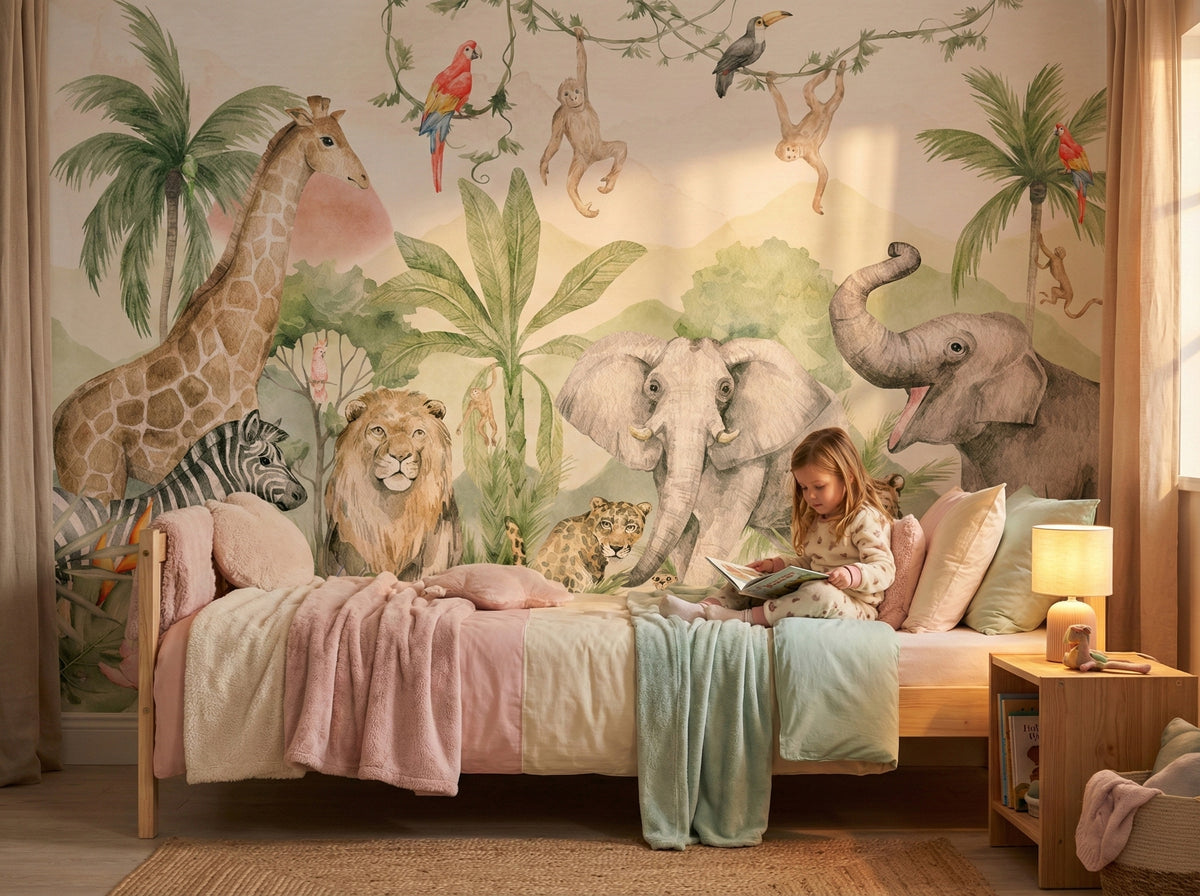 Tropical Safari, Elephant & Parrot wallpaper in a styled room, view 3