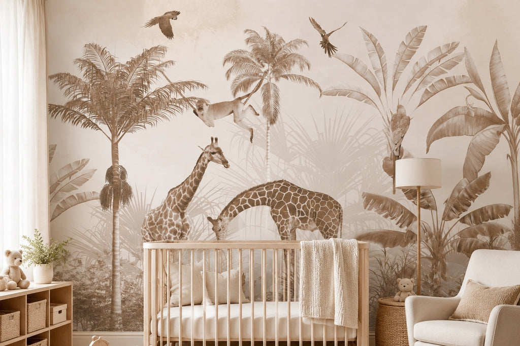 Beige Giraffe Family & Tropical Leaves wallpaper in a styled room, view 2