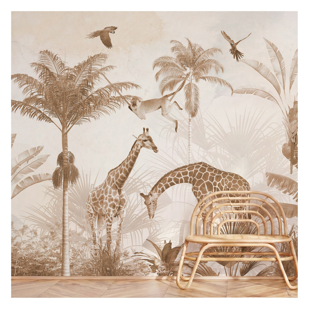 Beige Giraffe Family & Tropical Leaves wallpaper in a styled room, view 3