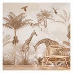 Beige Giraffe Family & Tropical Leaves wallpaper in a styled room, view 3