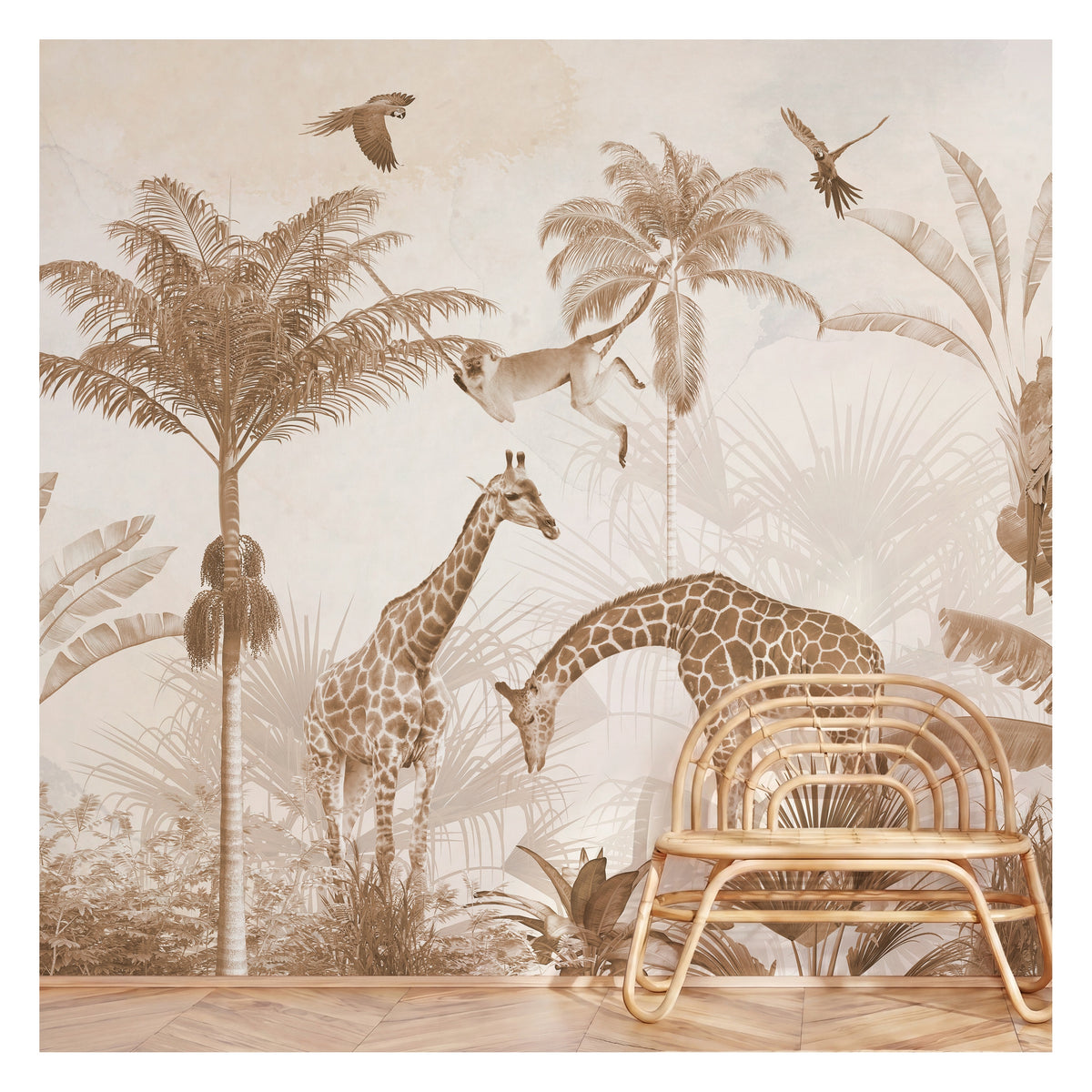 Beige Giraffe Family & Tropical Leaves wallpaper in a styled room, view 3