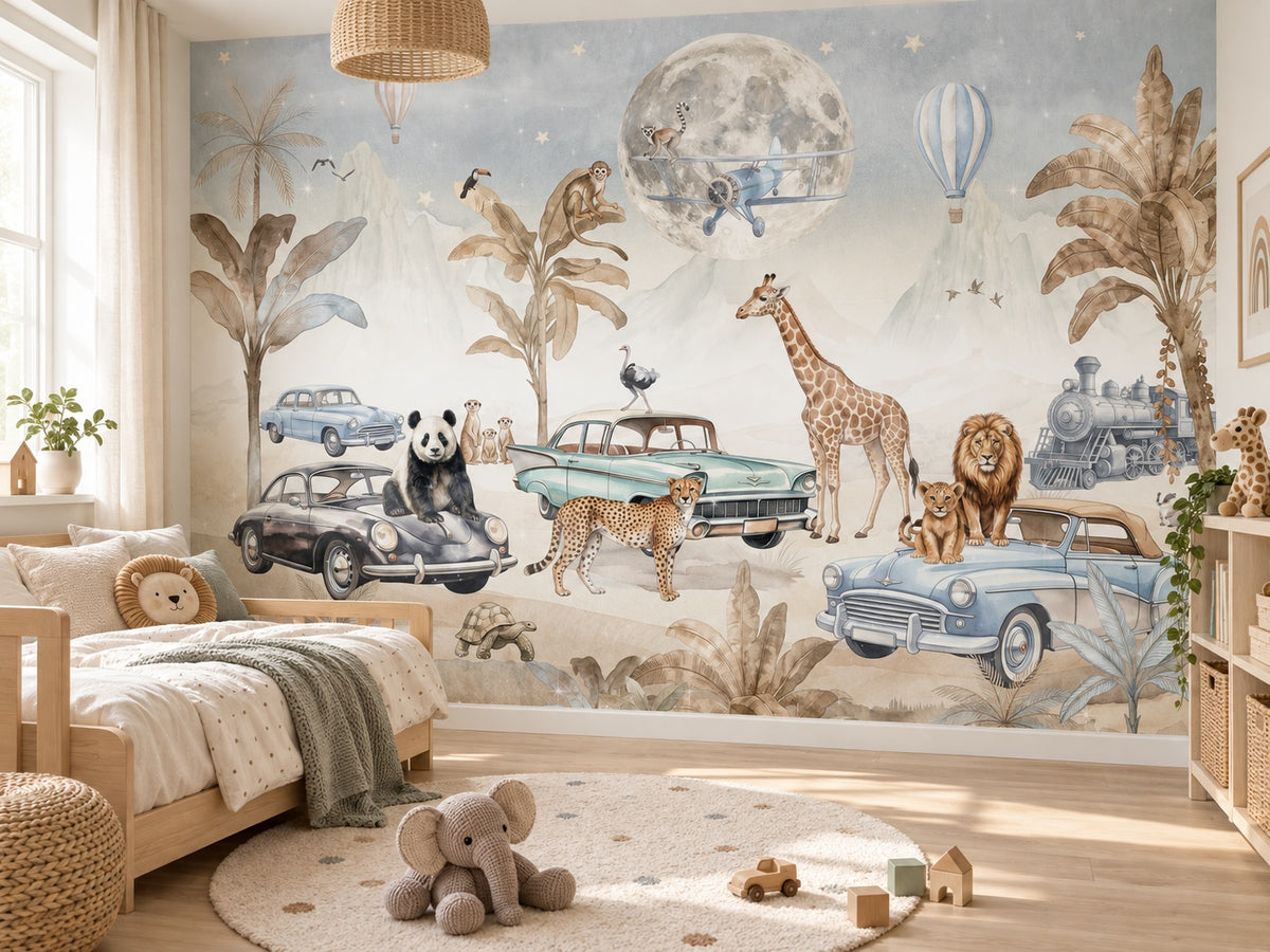 Safari, Vintage Cars & Moon wallpaper in a styled room, view 1