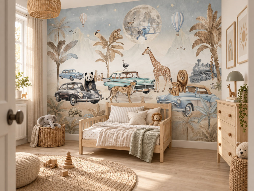 Safari, Vintage Cars & Moon wallpaper in a styled room, view 2