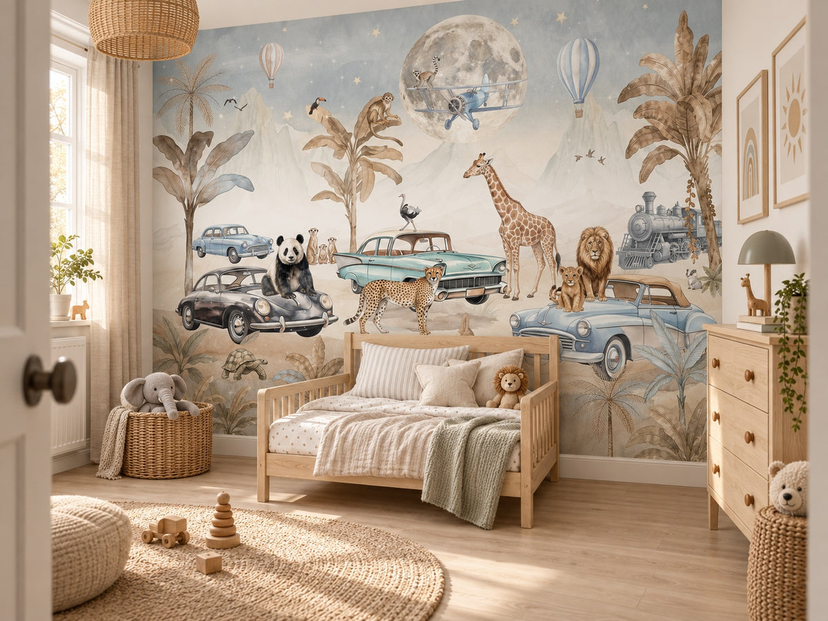 Safari, Vintage Cars & Moon wallpaper in a styled room, view 2