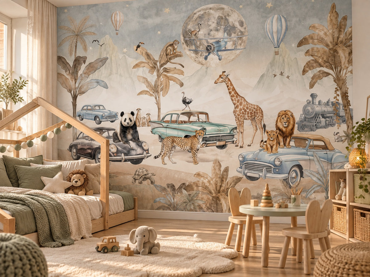 Safari, Vintage Cars & Moon wallpaper in a styled room, view 3