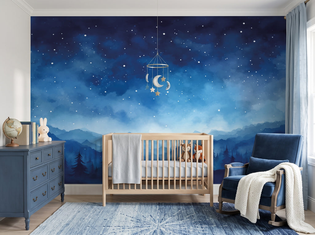Navy Starry Sky & Mountains wallpaper in a styled room, view 2