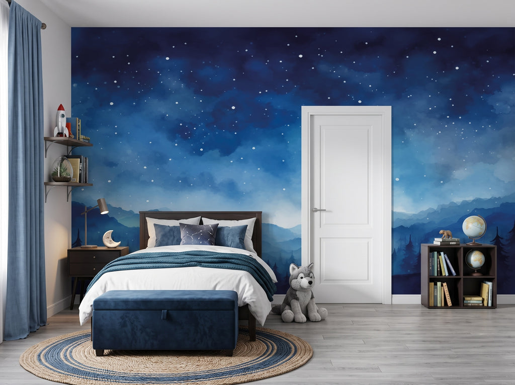 Navy Starry Sky & Mountains wallpaper in a styled room, view 3