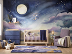 Navy Full Moon & Watercolor Clouds wallpaper in a styled room, view 2