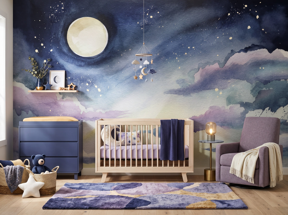 Navy Full Moon & Watercolor Clouds wallpaper in a styled room, view 2